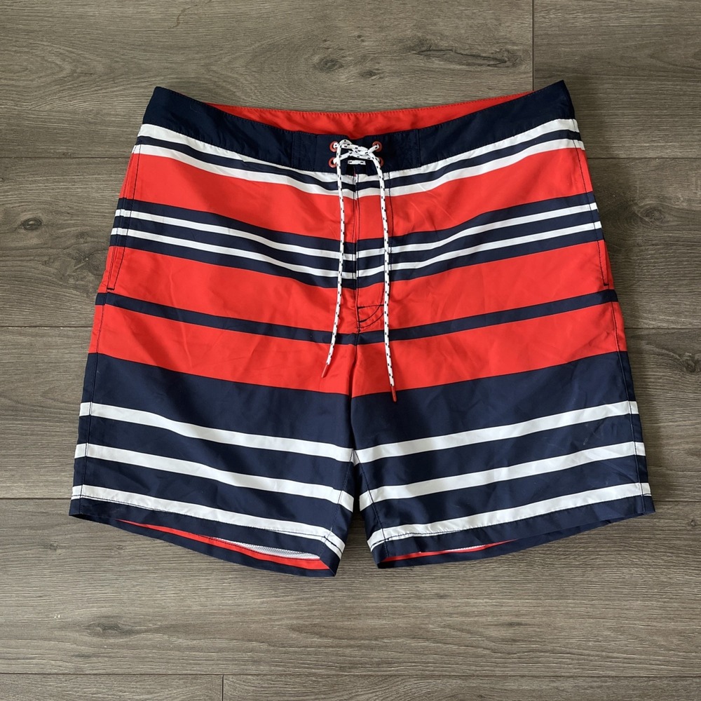 Express Mens L Boardshorts Red White Blue Stripes Drawstring